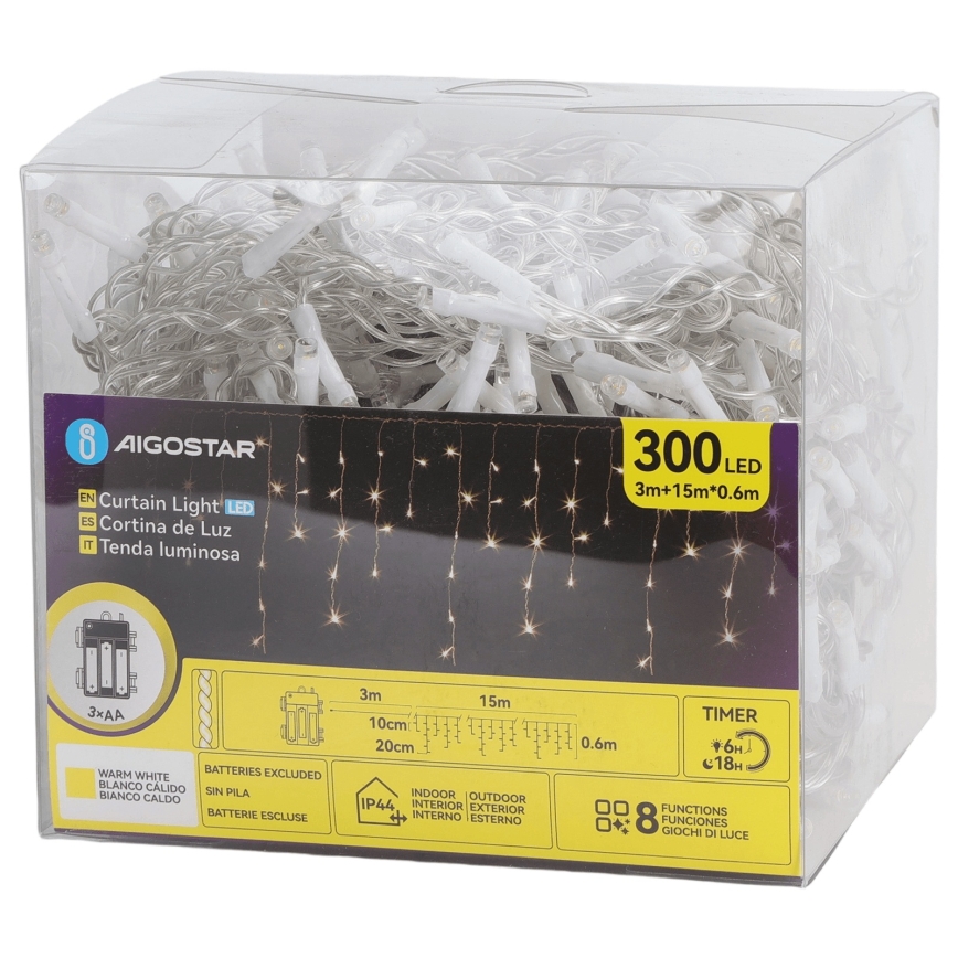 Aigostar - LED spoljašnja božićna girlanda 300xLED/8 funkcija 3xAA 18x0,6 m IP44 topla bela