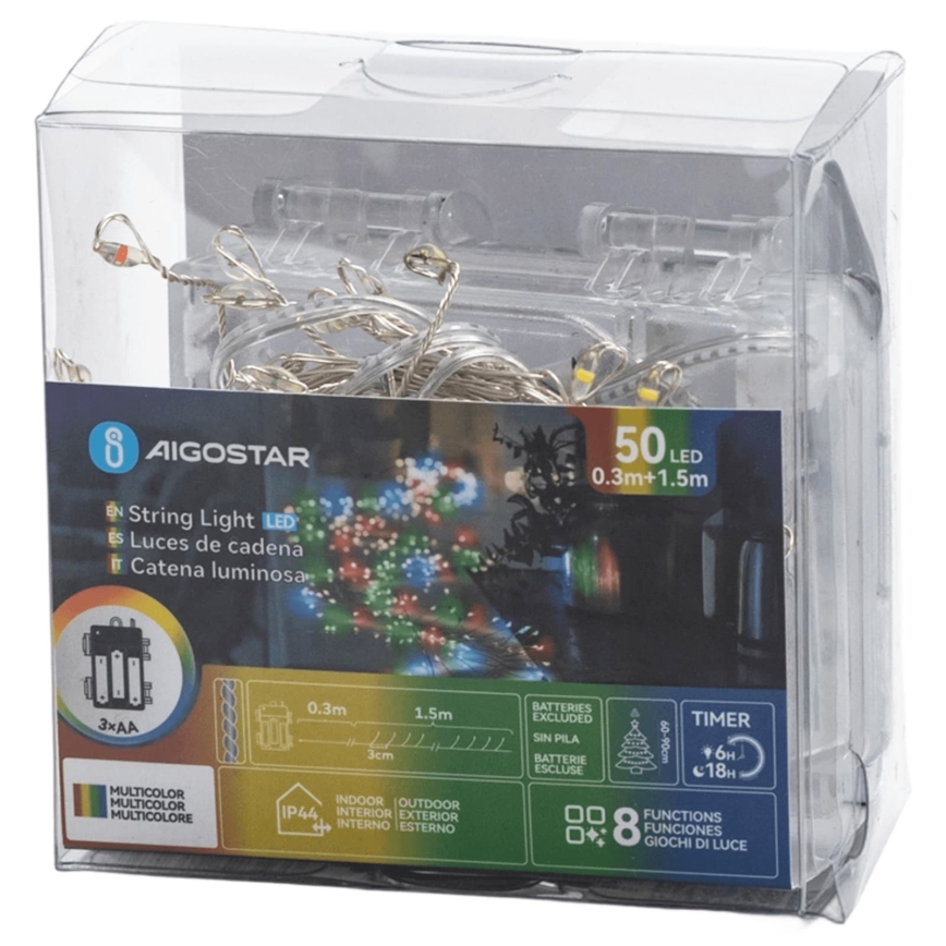 Aigostar - LED spoljašnja božićna girlanda 50xLED/8 funkcija 3xAA 1,8m IP44 višebojna