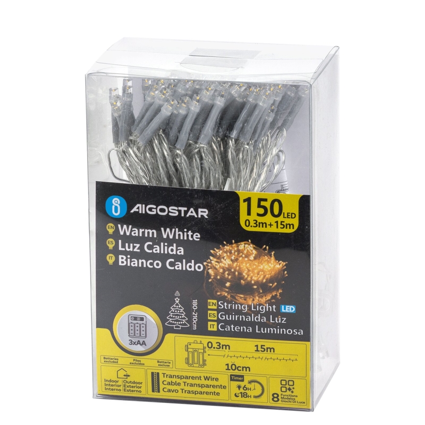 Aigostar -LED Spoljašnja božićna svetla 150xLED/8 funkcija 3xAA 15,3m IP44 topla bela