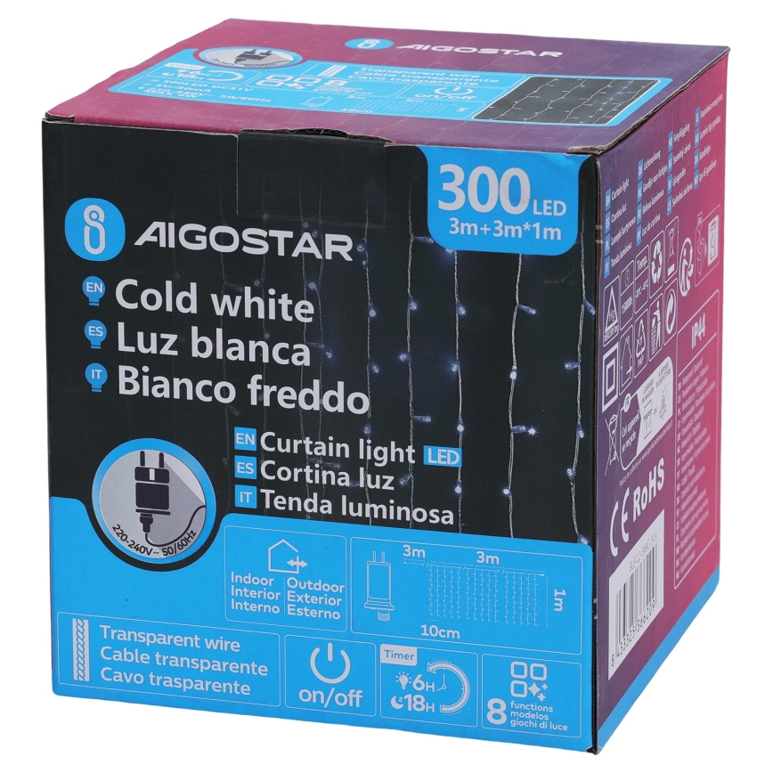 Aigostar - LED Spoljašnji  niz 300xLED/8 funkcija 3x1m IP44 hladno bela + daljinski upravljač