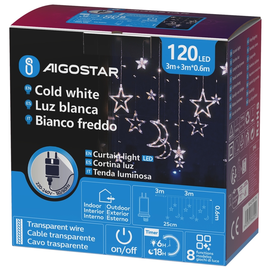 Aigostar - LED vanjski niz 120xLED/6W/230V/8 funkcija 3x0,6m IP44 hladno belo + daljinski upravljač
