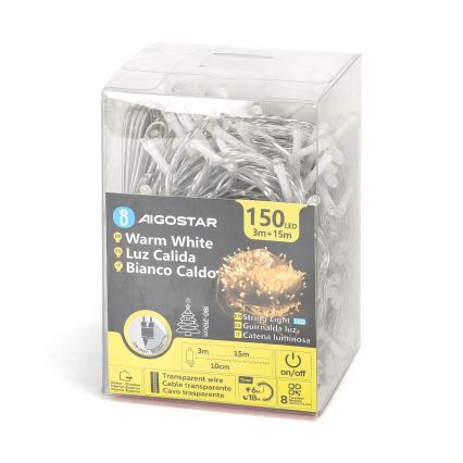 Aigostar - LED spoljašnja božićna svetlosna girlanda 150xLED/8 funkcija 18m IP44 topla bela