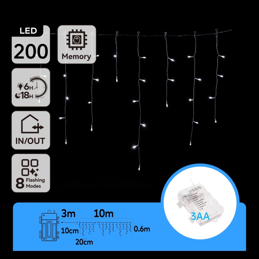 Aigostar - LED spoljni niz 200xLED/8 režima 3xAA 13x0,6m IP44 hladno belo svetlo