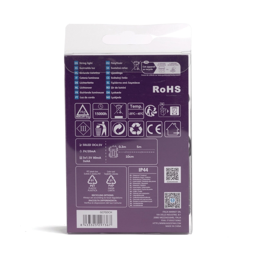 Aigostar - LED spoljašnja girlanda, 50 LED, 8 režima, napajanje 3xAA, dužina 5,3 m, IP44, višebojna