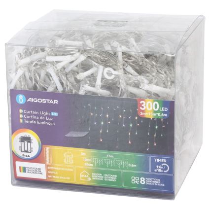 Aigostar - LED spoljašnji božićni lanac 300xLED/8 režima 3xAA 18x0,6 m IP44 višebojno