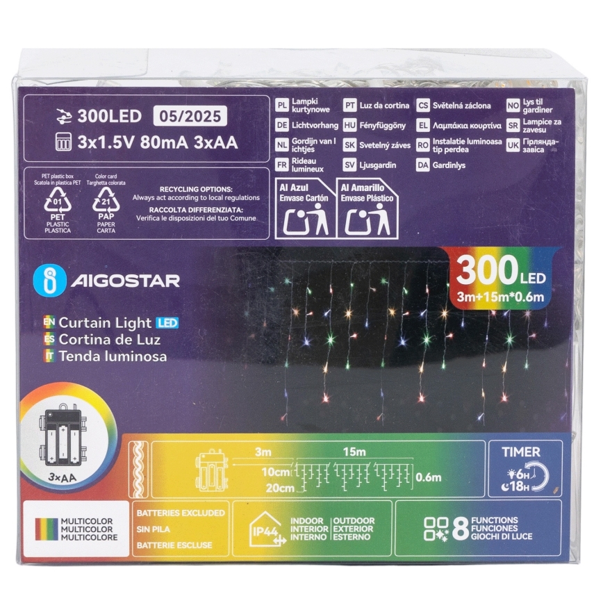Aigostar - LED spoljašnji božićni lanac 300xLED/8 režima 3xAA 18x0,6 m IP44 višebojno