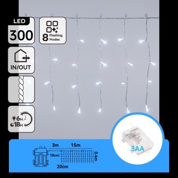 Aigostar - LED spoljašnja novogodišnja girlanda 300xLED/8 funkcija 3xAA 18x0,4m IP44 hladna bela