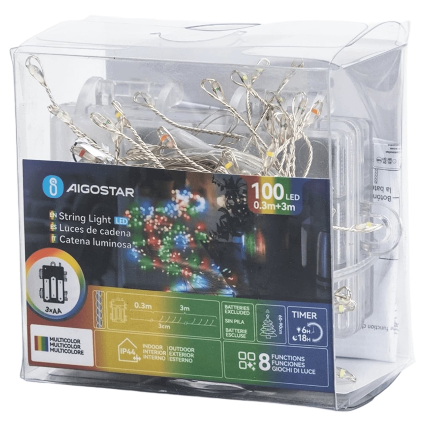 Aigostar - LED Spoljašnje božićne lampice 100xLED/8 funkcija 3xAA 3,3m IP44 višebojne
