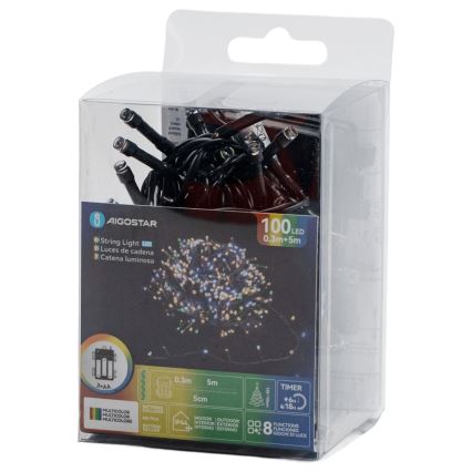 Aigostar - LED spoljašnji božićni lanac 100xLED/8 funkcija 3xAA 5,3 m IP44 višebojni