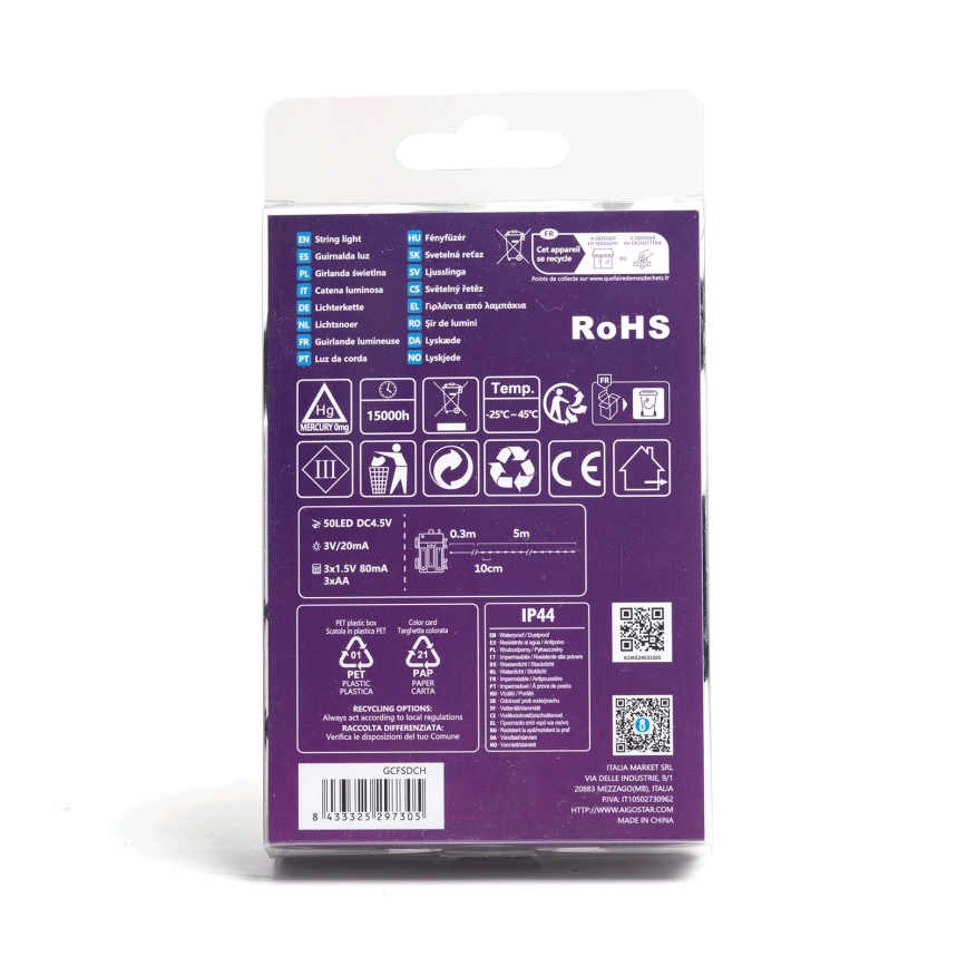 Aigostar - LED spoljašnje božićne lampice 50xLED/8 funkcija 3xAA 5,3m IP44 topla bela