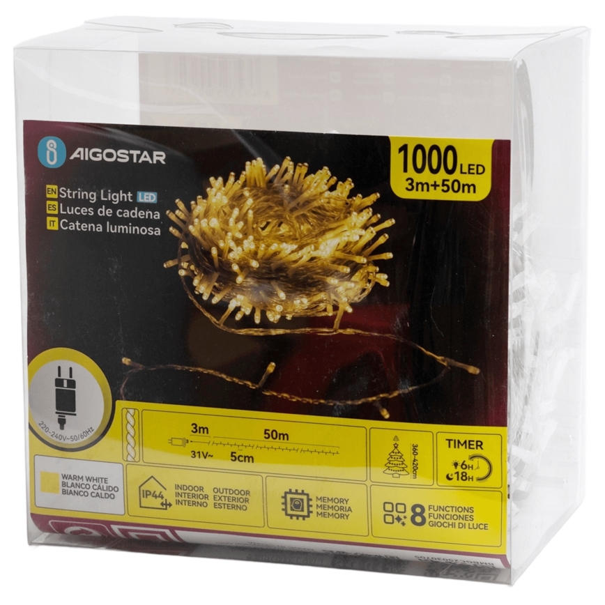 Aigostar - LED spoljni božićni lanac 1000xLED/8 funkcija 50m IP44 topla bela