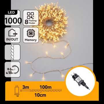 Aigostar - LED spoljašnji božićni lanac 1000xLED/8 funkcija 103m IP44 topla bela
