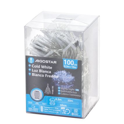 Aigostar - LED spoljašnji božićni niz 100xLED/8 funkcija/3xAA 10,3m IP44 hladna bela