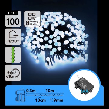 Aigostar - LED spoljašnji božićni lanac 100xLED/8 funkcija 3xAA 10,3m IP44 hladno bela