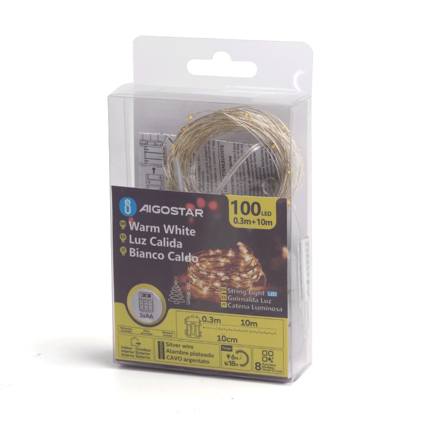 Aigostar -LED Spoljašnji božićni lanac 100xLED/8 funkcija 3xAA 10,3m IP44 topla bela