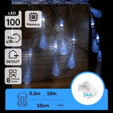 Aigostar - LED spoljašnji božićni lanac 100xLED/8 funkcija 3xAA 10m IP44 hladno belo kapljice