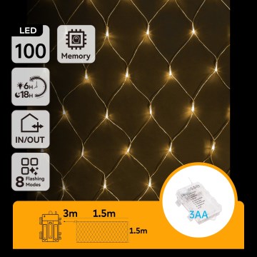 Aigostar - LED spoljašnji božićni lanac 100xLED/8 funkcija/3xAA 4,5x1,5m IP44 toplo belo
