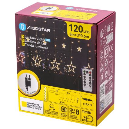 Aigostar - LED spoljašnja božićna girlanda 120xLED/8 funkcija 3x0,6 m IP44 topla bela + daljinski upravljač
