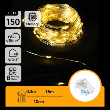 Aigostar -LED Spoljašnji božićni lanac 150xLED/8 funkcija 3xAA 15,3m IP44 topla bela