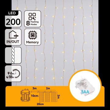 Aigostar - LED spoljašnji božićni lanac 200xLED/8 funkcija 3xAA 5x2m IP44 topla bela