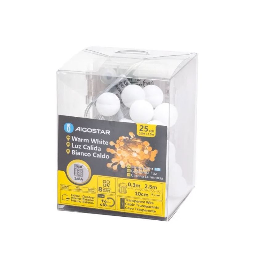 Aigostar-LED Spoljašnji božićni lanac 25xLED/3xAA/8 funkcija 2,8 m IP44 topla bela