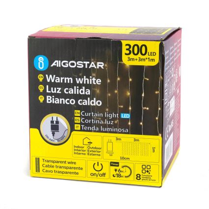 Aigostar - LED spoljašnji niz 300xLED/8 funkcija 3x1m IP44 toplo belo + daljinski upravljač