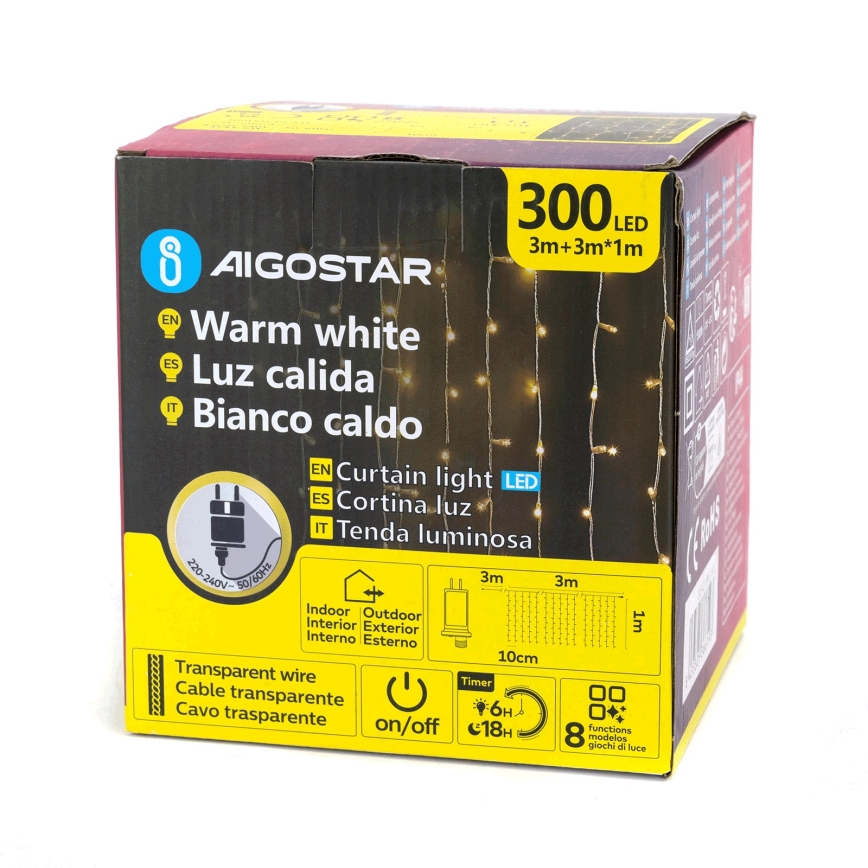 Aigostar - LED spoljašnji niz 300xLED/8 funkcija 3x1m IP44 toplo belo + daljinski upravljač