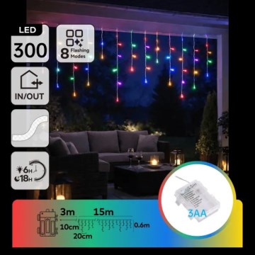 Aigostar - LED spoljašnji božićni lanac 300xLED/8 režima 3xAA 18x0,6 m IP44 višebojno
