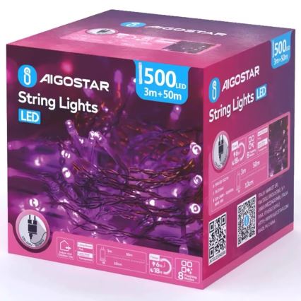 Aigostar - LED spoljašnji božićni lanac 500xLED/8 funkcija 53m IP44 ružičasta