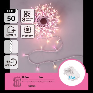 Aigostar - LED Spoljašnji božićni lanac 50xLED/8 funkcija 3xAA 5,3m IP44 ružičasta/topla bela