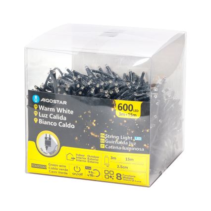 Aigostar - LED spoljašnji božićni lanac, 600 LED, 8 režima, 18 m, IP44, toplo belo