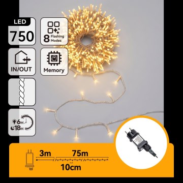Aigostar - LED spoljašnji božićni lanac 750xLED/8 funkcija 78m IP44 topla bela