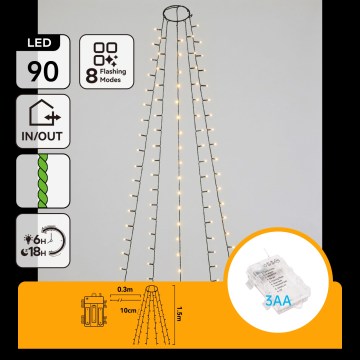Aigostar - LED spoljašnji božićni lanac 90xLED/8 funkcija 3xAA 1,5m IP44 toplo belo