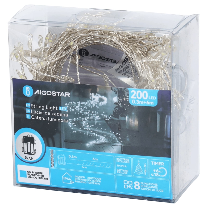 Aigostar - LED spoljašnja božićna girlanda 200xLED/8 funkcija 3xAA 6,3m IP44 hladna bela