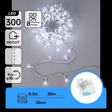 Aigostar - LED spoljašnji božićni niz 300xLED/8 funkcija 4xAA 30m IP44 hladno bela