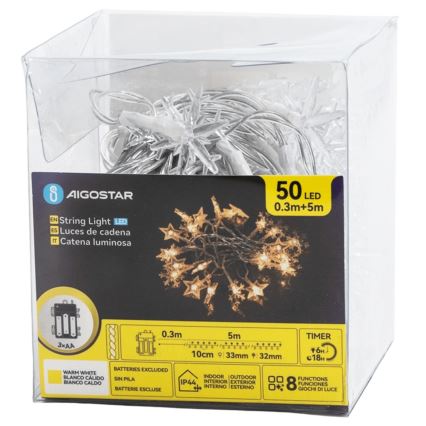 Aigostar - LED spoljni božićni niz 50xLED/8 funkcija 3xAA 5m IP44 topla bela zvezde