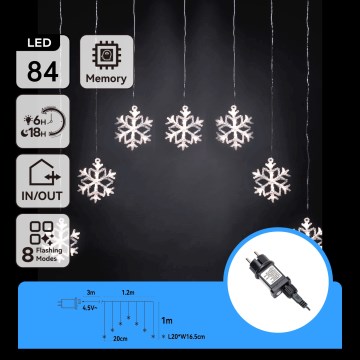 Aigostar - LED spoljašnji dekorativni lanac, 84 LED, 8 funkcija, 1,2 x 1 m, IP44, hladno bela, u obliku pahuljica
