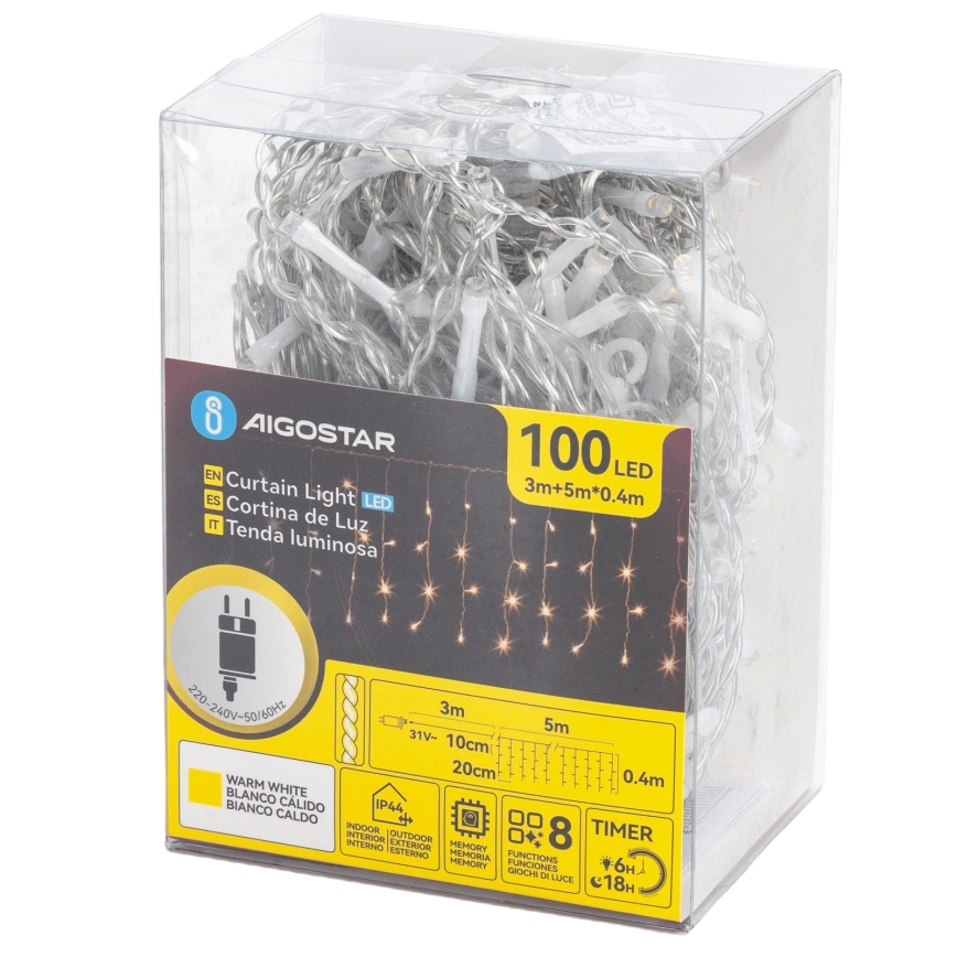 Aigostar - LED spoljašnji lanac 100xLED/8 funkcija 5x0,4m IP44 topla bela