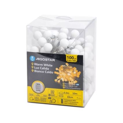 Aigostar - Spoljašnja LED girlanda 100xLED/3xAA/8 funkcija 10,3 m IP44 topla bela