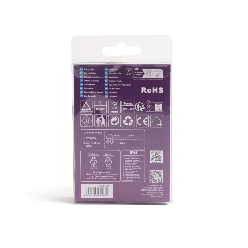 Aigostar - LED Spoljni  lanac 150xLED/8 funkcija/3xAA 15,3m IP44 višebojni