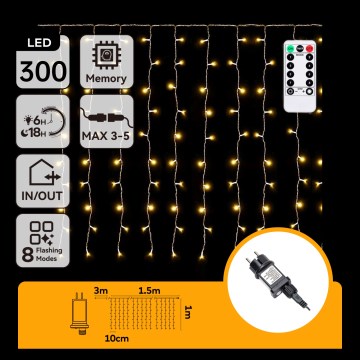 Aigostar - LED spoljašnji niz 300xLED/8 funkcija 3x1m IP44 toplo belo + daljinski upravljač