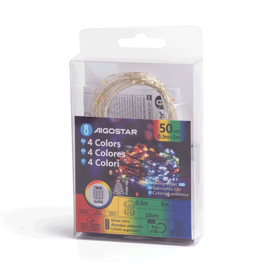Aigostar - LED spoljašnji niz lampica 50xLED/8 funkcija 3xAA 5,3m IP44 višebojni