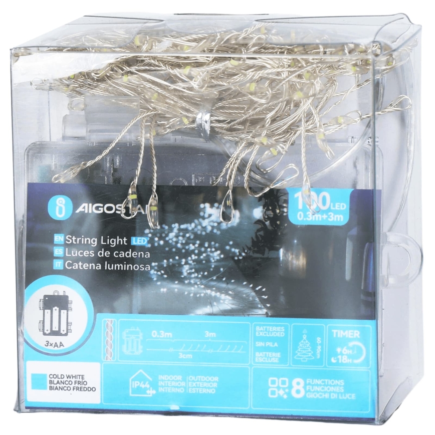 Aigostar - LED spoljašnja božićna girlanda 100xLED/8 funkcija 3xAA 3,3m IP44 hladna bela