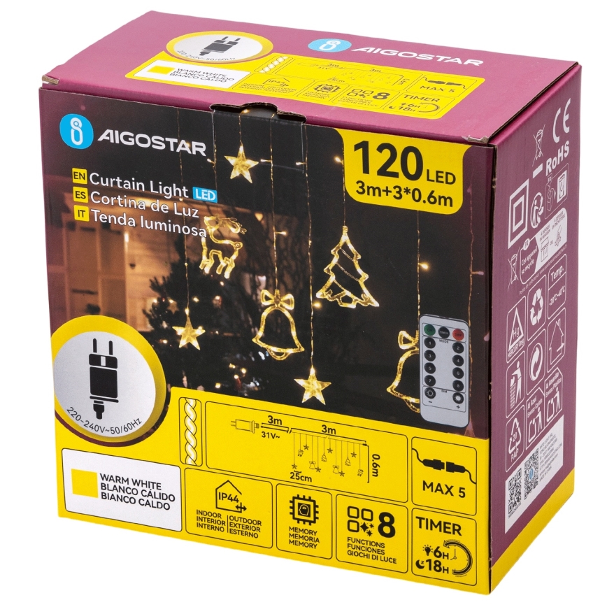 Aigostar - LED spoljašnji božićni lanac 120xLED/8 funkcija 3x0,6m IP44 topla bela + daljinski upravljač