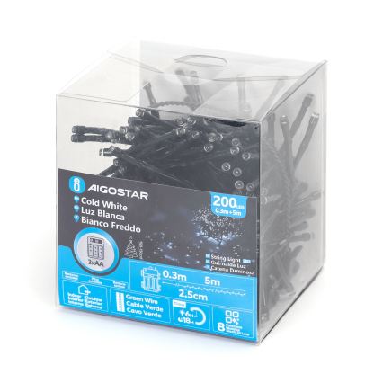 Aigostar - LED spoljašnji božićni niz 200xLED/8 funkcija 3xAA 5,3 m IP44 hladno bela