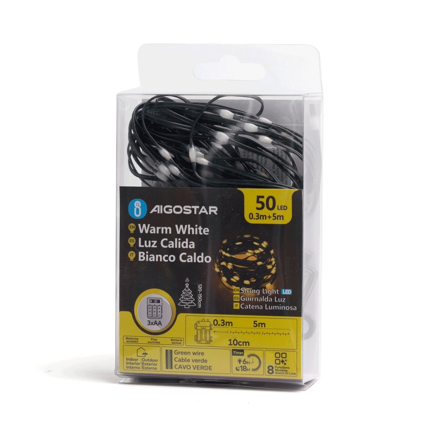 Aigostar - LED spoljna girlanda 50x LED/8 režima, napajanje 3x AA, 5,3 m, IP44, toplo belo svetlo