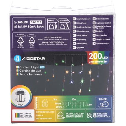 Aigostar - LED spoljašnja božićna girlanda 200xLED/8 funkcija 3xAA 13x0,6 m IP44 višebojna