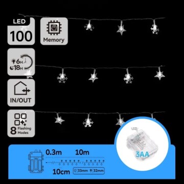 Aigostar - LED spoljni božićni lanac 100xLED/8 funkcija 3xAA 10 m IP44 hladno-bela