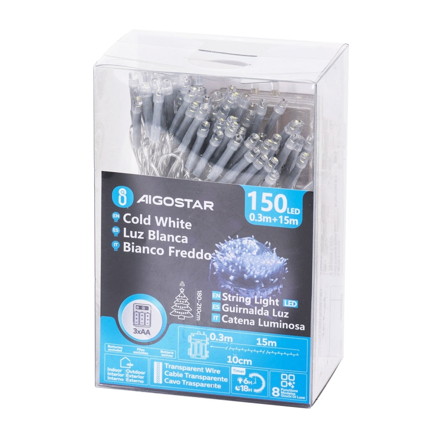 Aigostar - LED spoljni božićni lanac 150xLED/8 funkcija 15,3m IP44 hladna bela