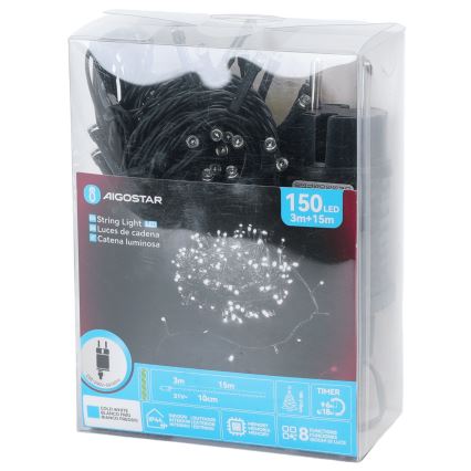Aigostar - LED spoljni božićni lanac 150xLED/8 funkcija 18m IP44 hladno bela